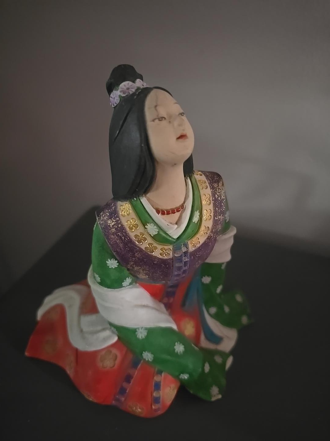 Vintage Japanese Hakata Doll Seated Woman Green Kimono Figurine