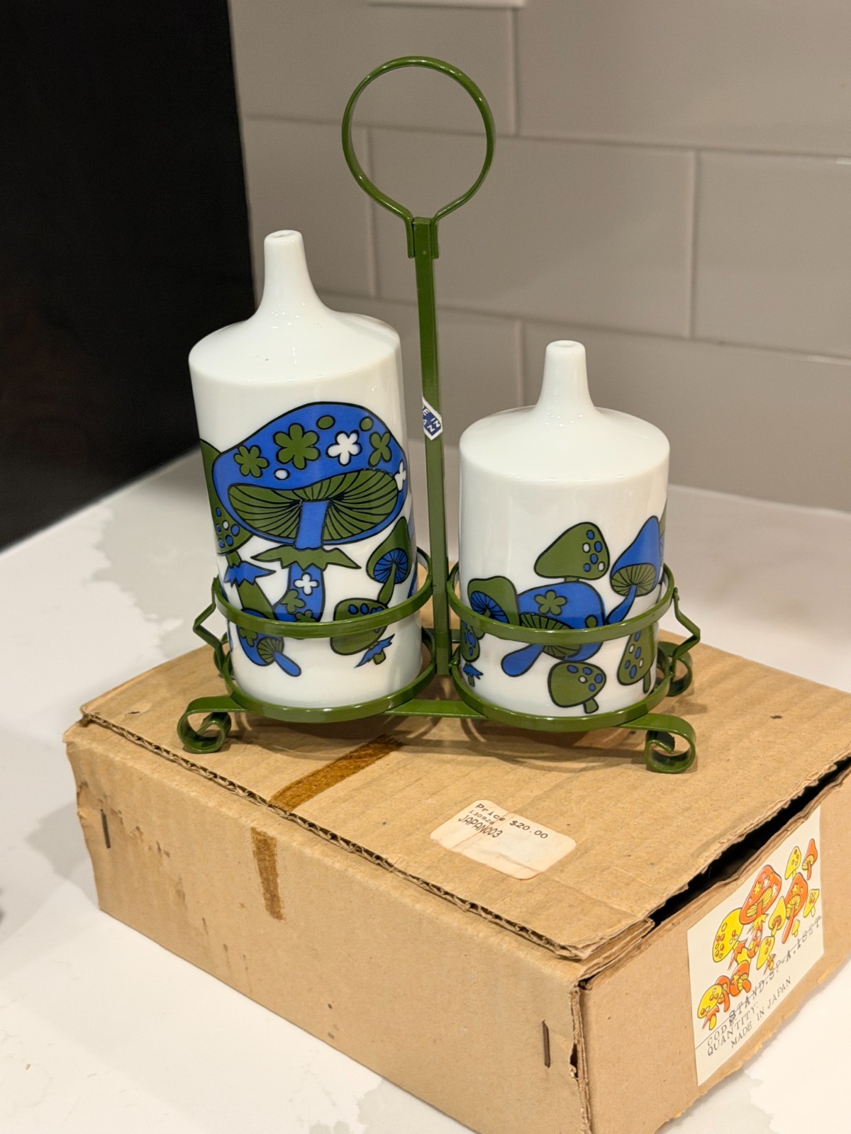NOS Vintage 70s Takahashi SF Blue Green Mushroom Cruet Set Ceramic Japan MINT BO