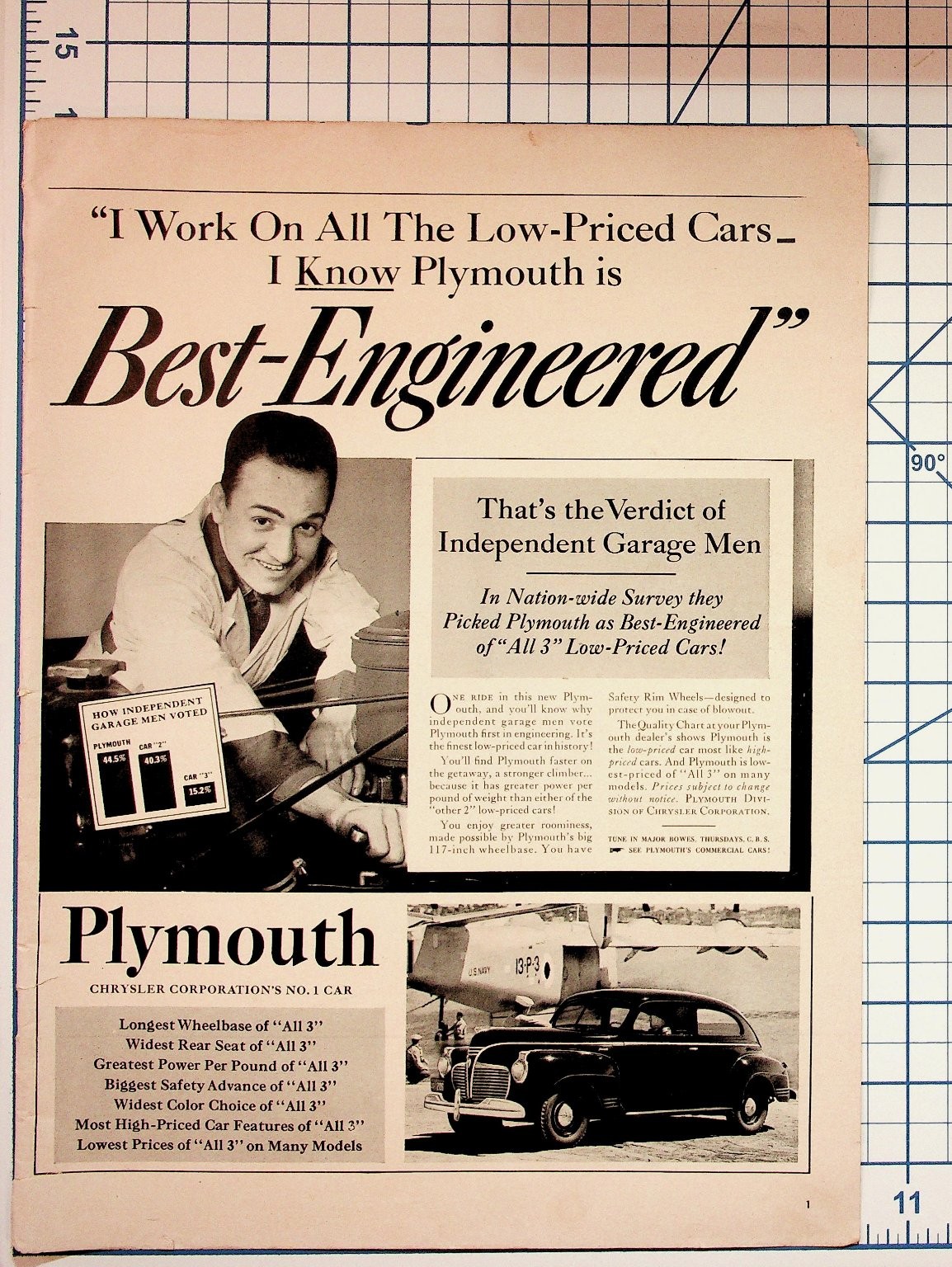 1939 Plymouth Best-Engineered Vintage Car Magazine Ad Mechanic US Navy Plane