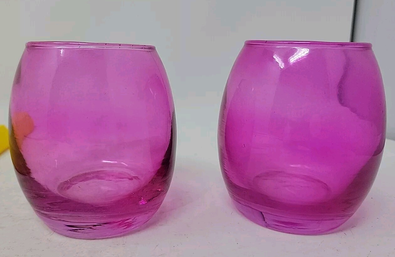 Vintage Pair 2 Hot Pink Ombré Art Glass Votive Candle Holder Decor 3.2