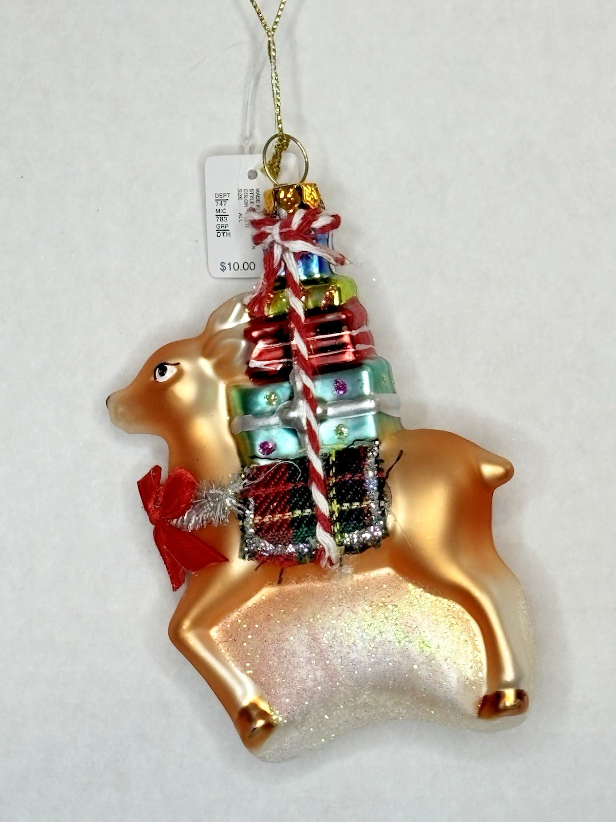 Vintage Dillards Trimmings Blown Glass Reindeer Christmas Ornament Presents