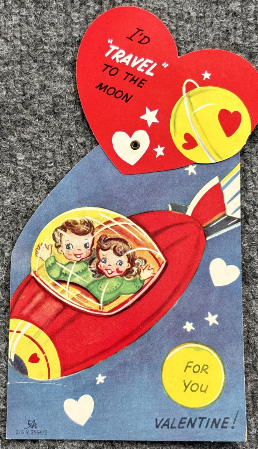 Vintage Valentine Card Astronaut Rocket Mechanical Id Travel To The Moon 7.5\