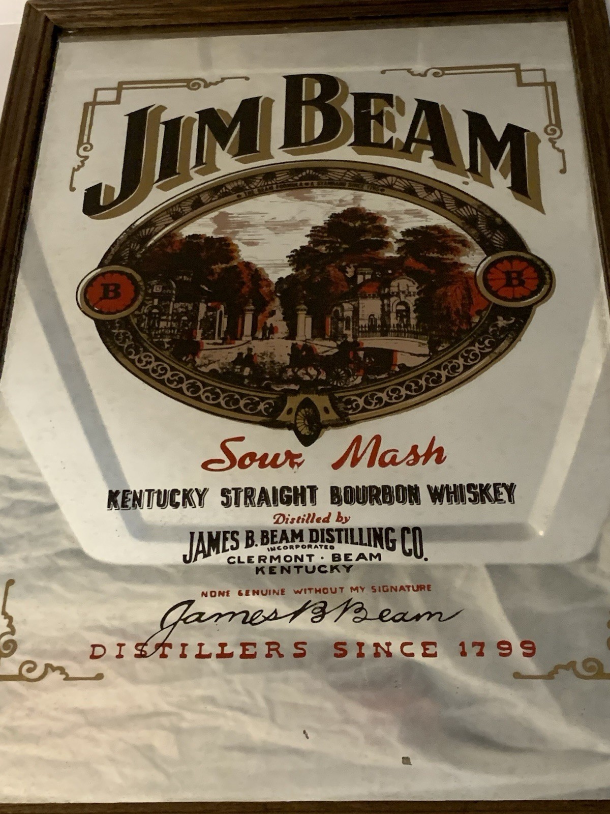 Rare Vintage JIM BEAM Framed Mirror - Advertising Decor Sour Mash 13” X 9”