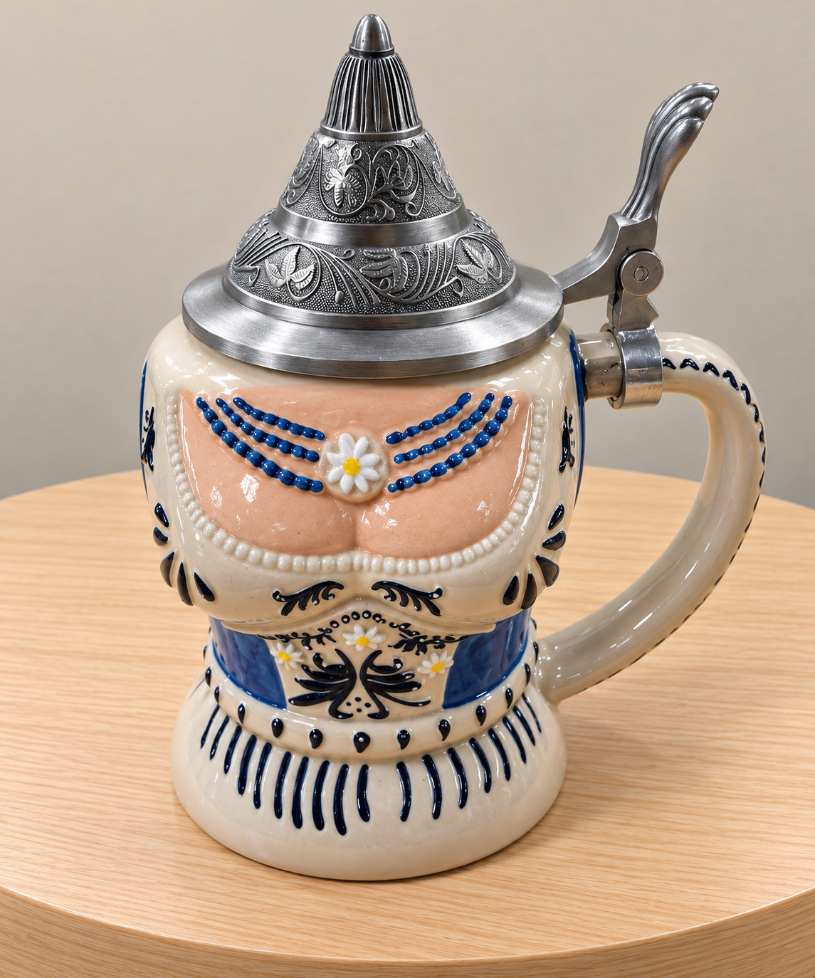Dirndl Lady German Beer Stein Ceramic Figural Oktoberfest Pewter Lid Barware