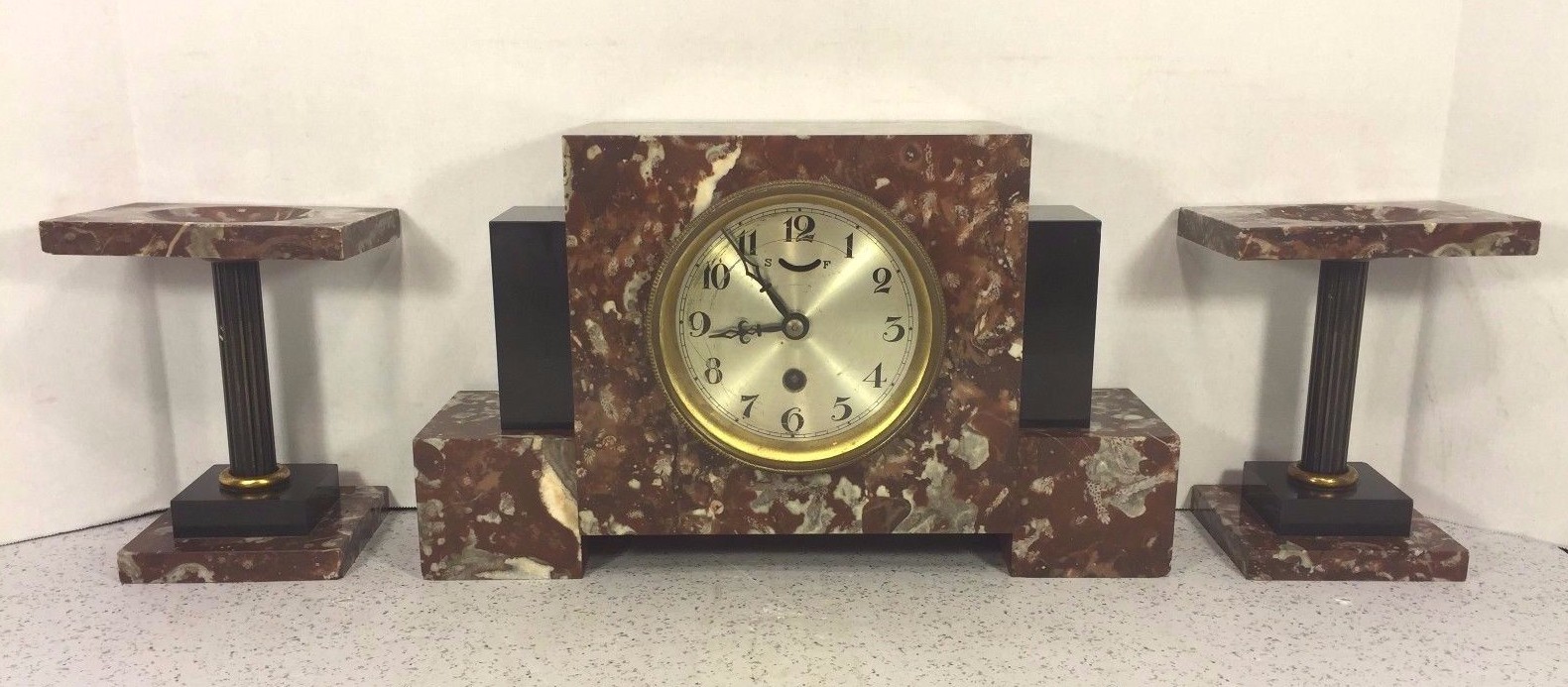 Vintage German Art Deco Clock Set Time Only Runs Marble Case & Garnitures