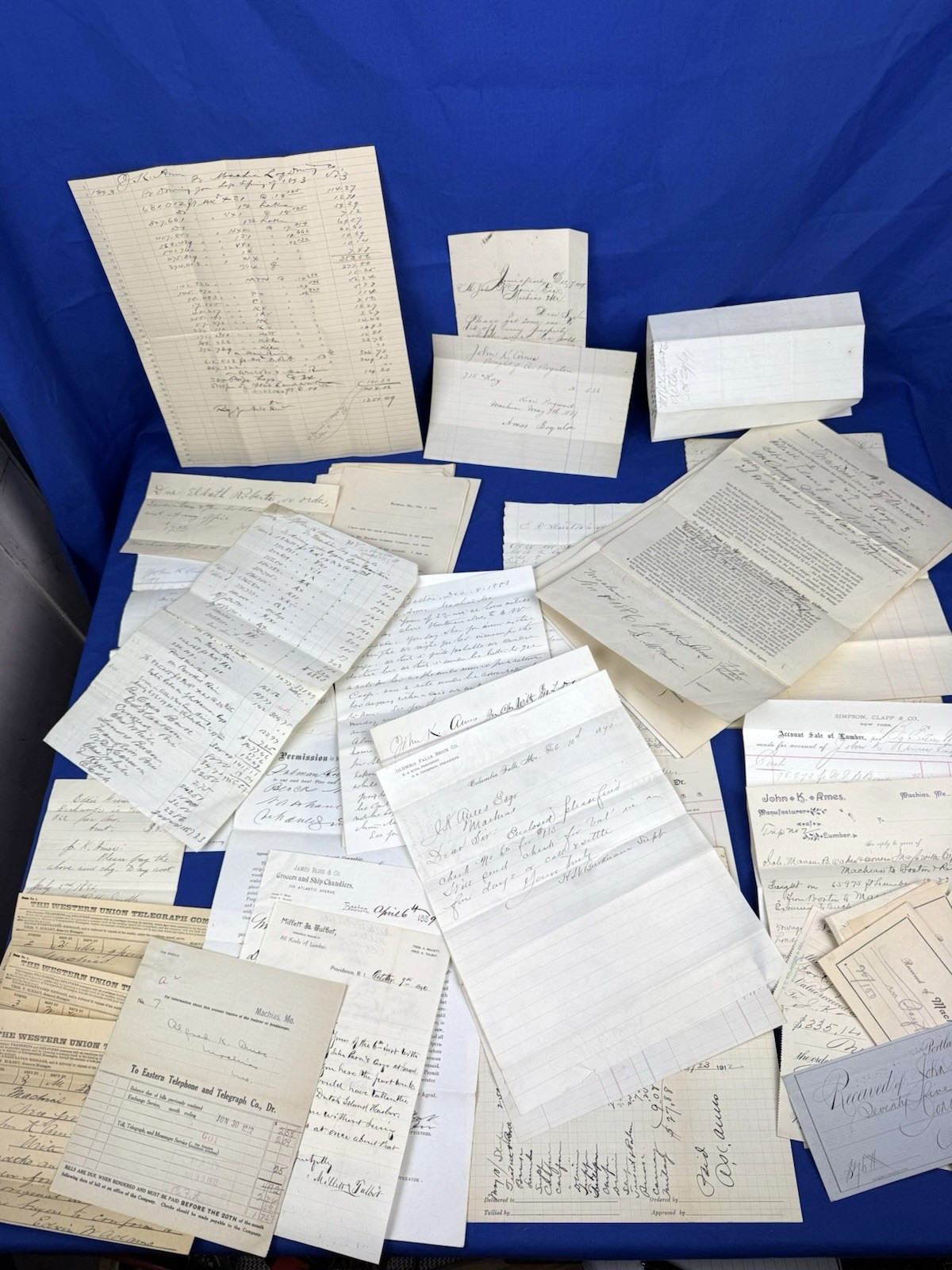 1885-1912 ARCHIVE John K. Ames MACHIAS LUMBER Co. Receipts, Letters, Telegrams