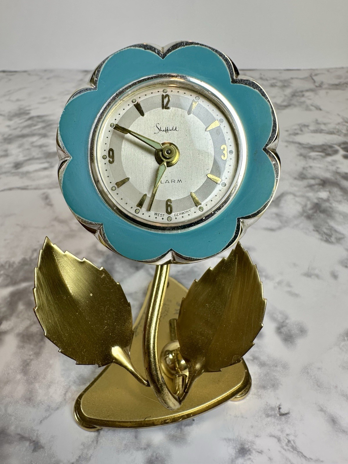 VTG Sheffield MCM Brass Flower Alarm Clock West Germany 50s Enamel Blue Works