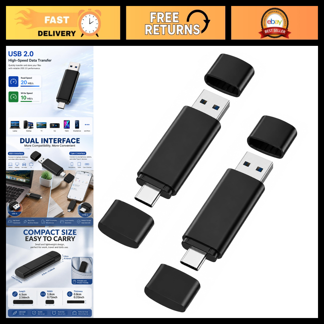 128GB USB Flash Drive USB 2.0 Portable Thumb Drive, Dual Interface Type C&USB Me