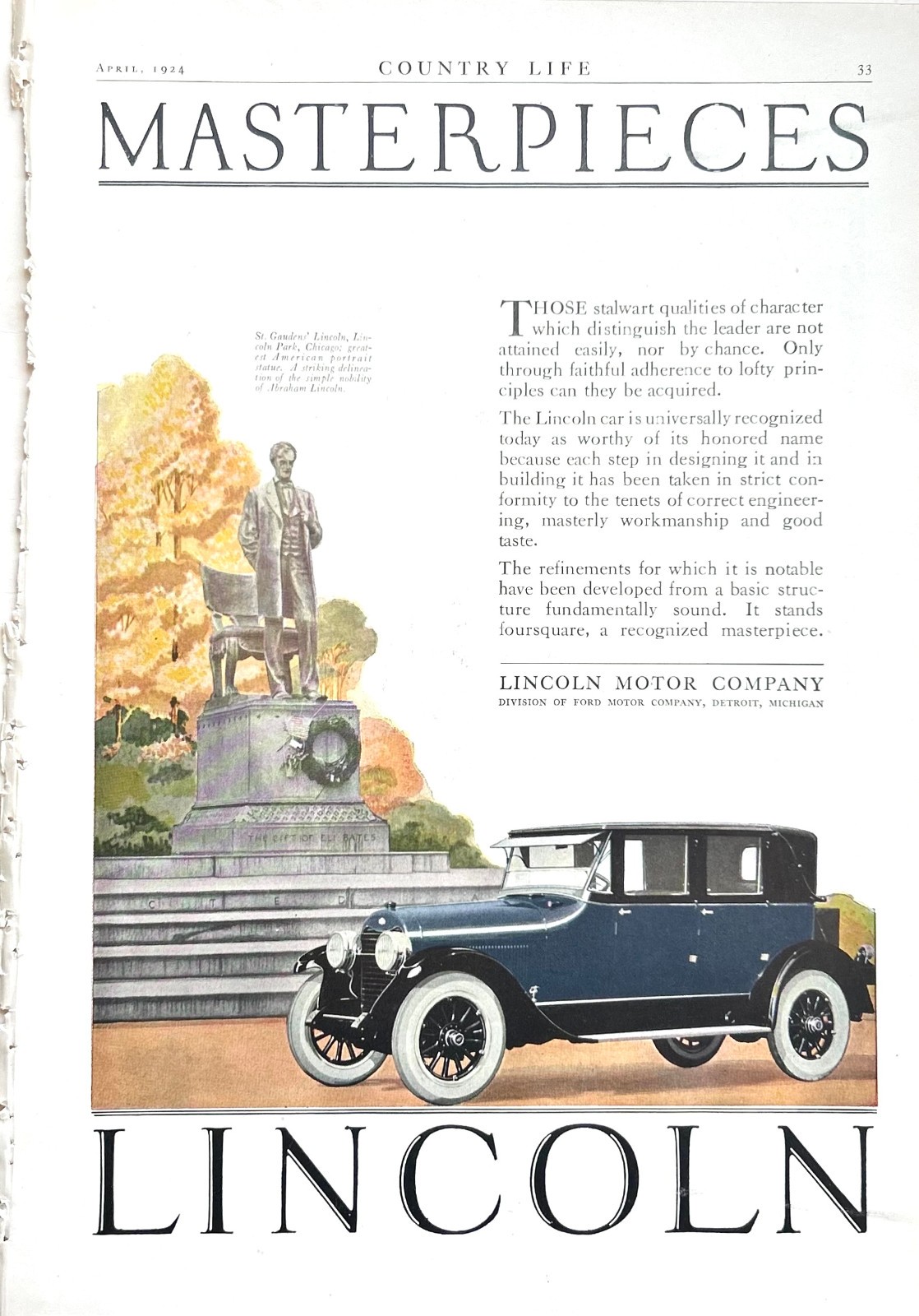1924 Ad (10  X 14 inches) Lincoln 4-Door Sedan