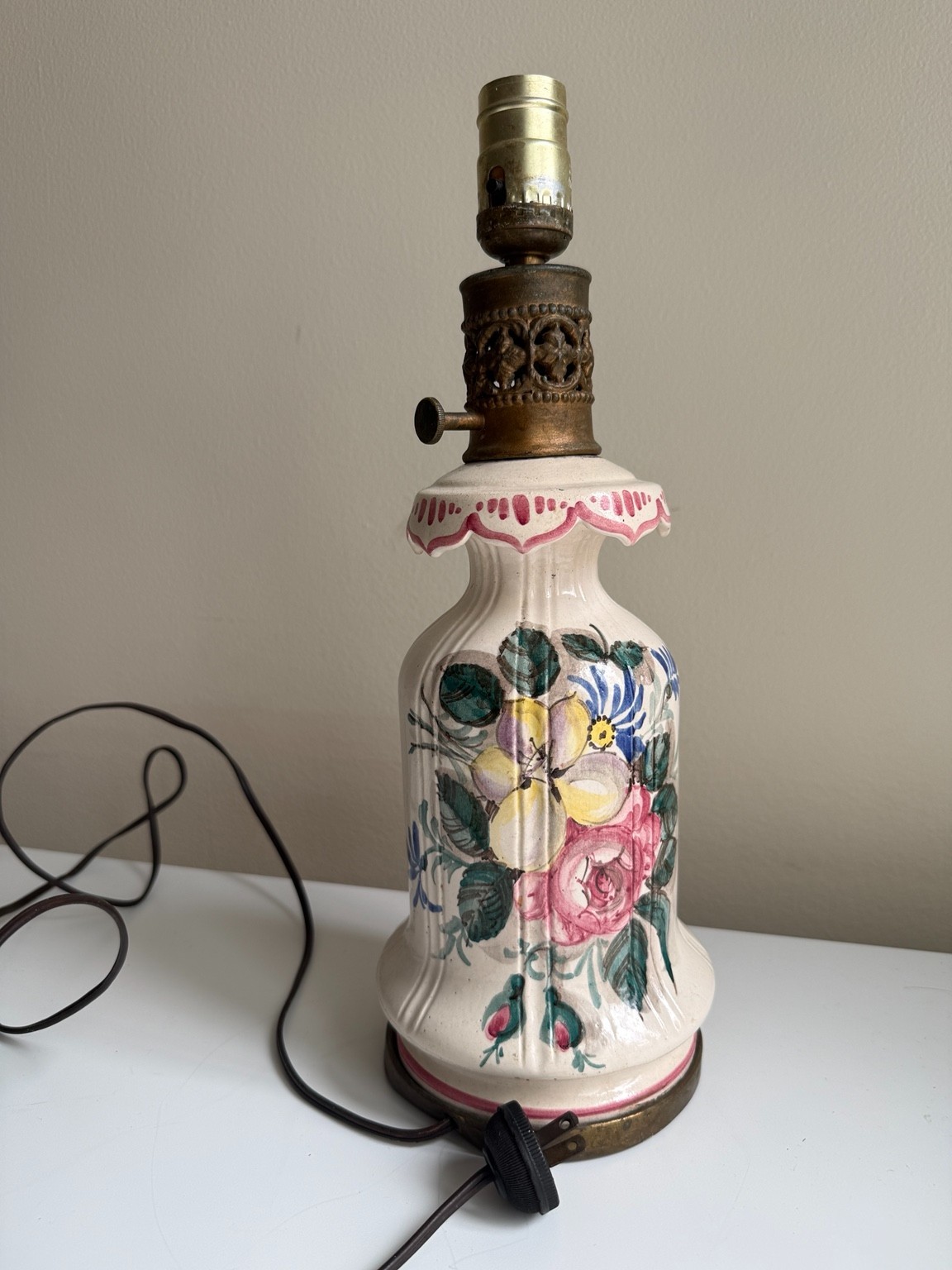 Vintage 1950s French Faience Lamp Hand Painted Floral Ceramic Brass France