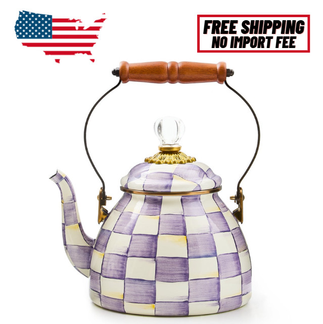 MacKenzie-Childs Violet Check 2 Quart Tea Kettle, No Import Fee