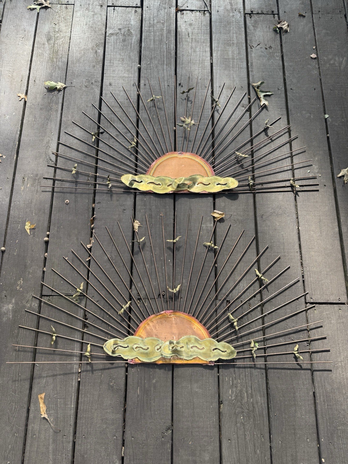 Pair VTG Large Metal Wall Art Sunburst Sun Seagulls Birds Brass Copper 39.5