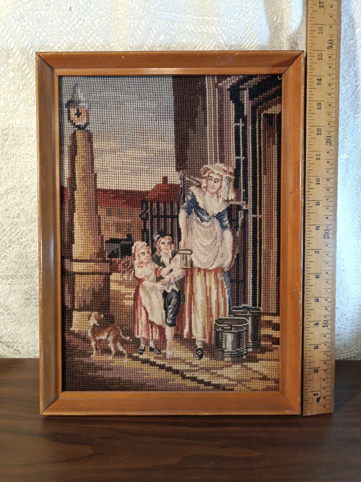 Vintage Needlepoint. Milkmaid Victorian Era Scene. Approximately 15\