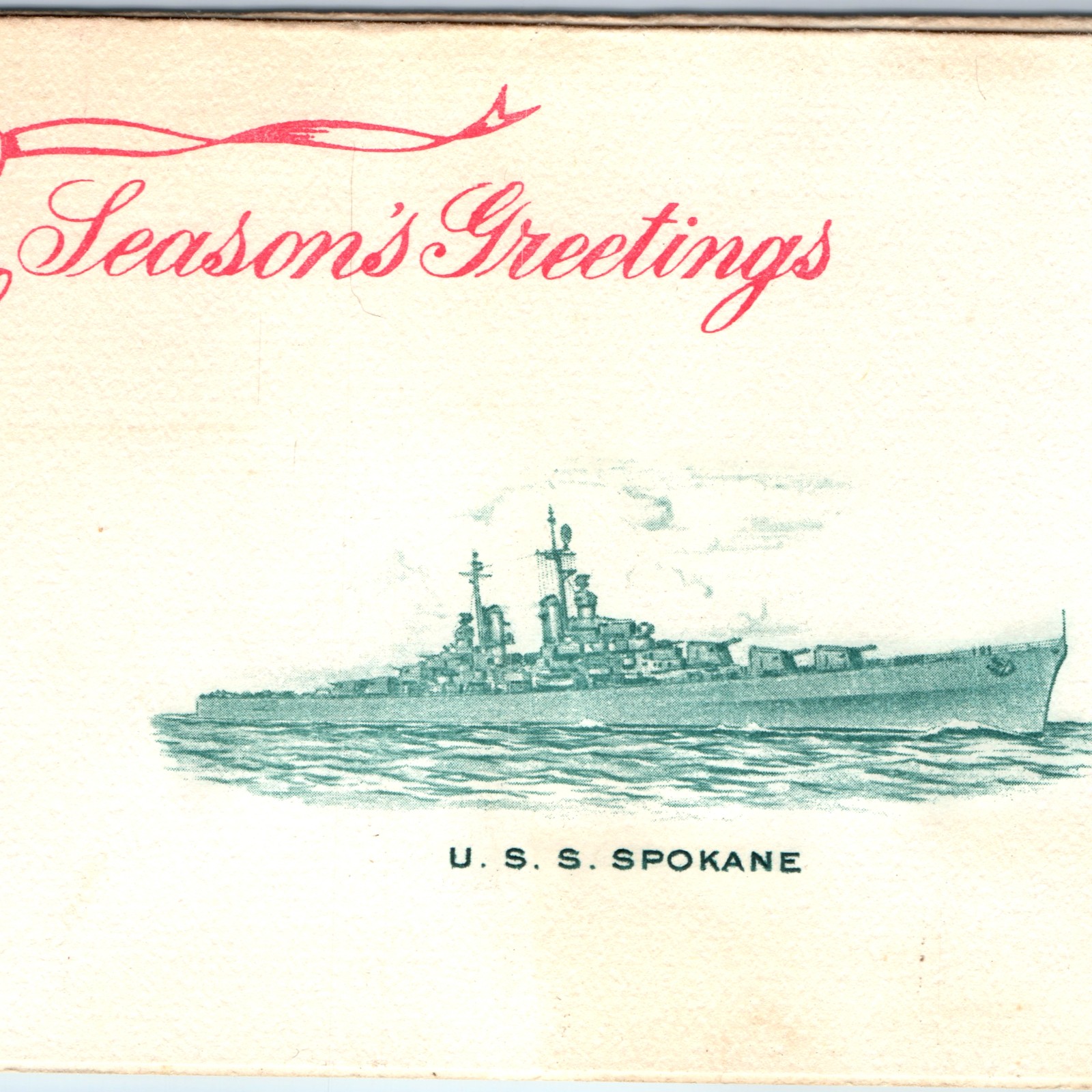 c1940s USS Spokane Seasons Greetings Navy Sailor Christmas Card Military 1J