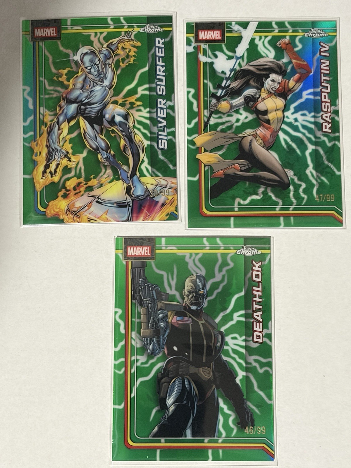 2026 Topps Chrome Marvel Green Lightning Refractor /99 Lot Silver Surfer +2
