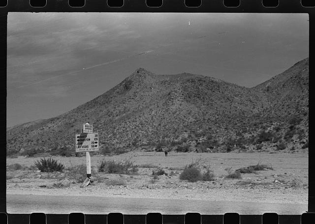 1930s Nevada Desert Road Sign Las Vegas Mountains Black and White Photo