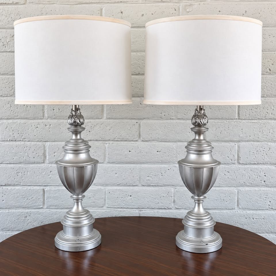 Pair Vintage Stiffel Pineapple Urn Table Lamps Silver Refinished With Shades
