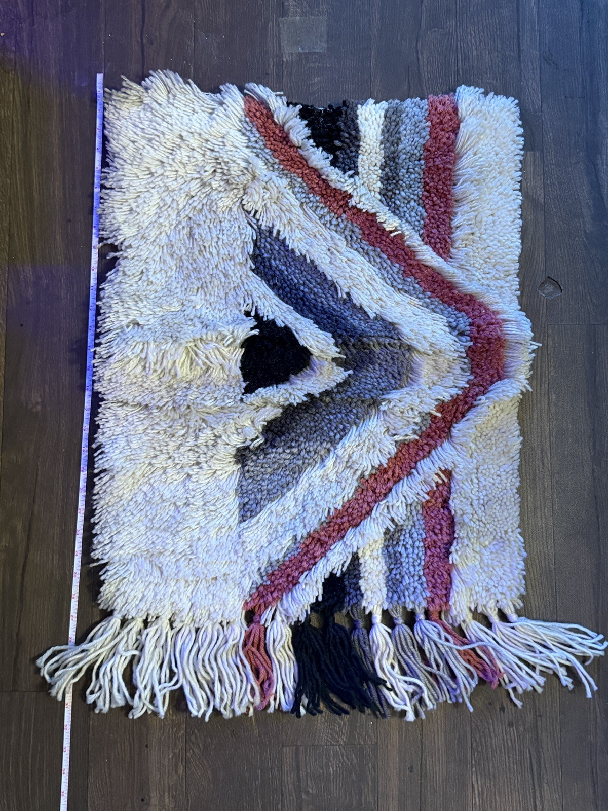 Vintage 70s Abstract Shag Latch Hook Fiber Art Wall Hanging Fringe MCM Boho
