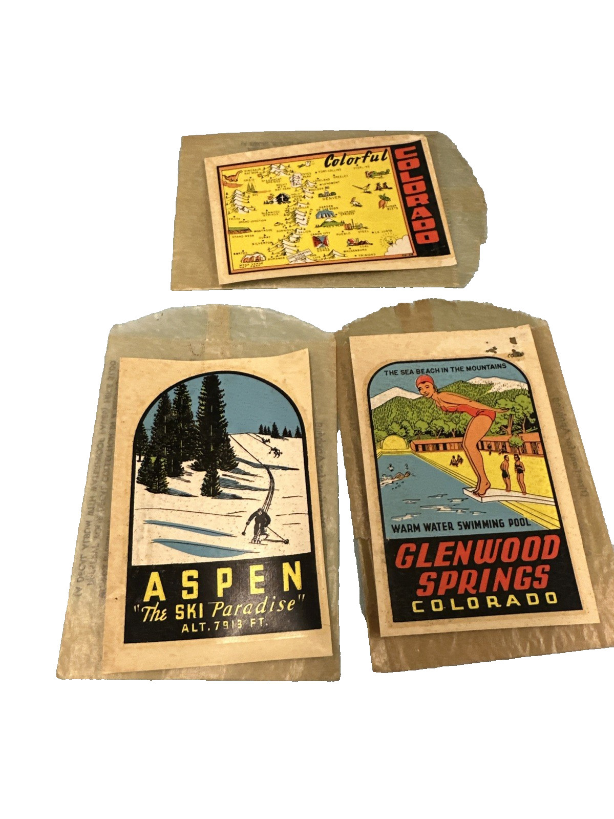LOT (3) Vintage Travel Decals 1950’s COLORADO Glenwood Aspen Original Envelopes