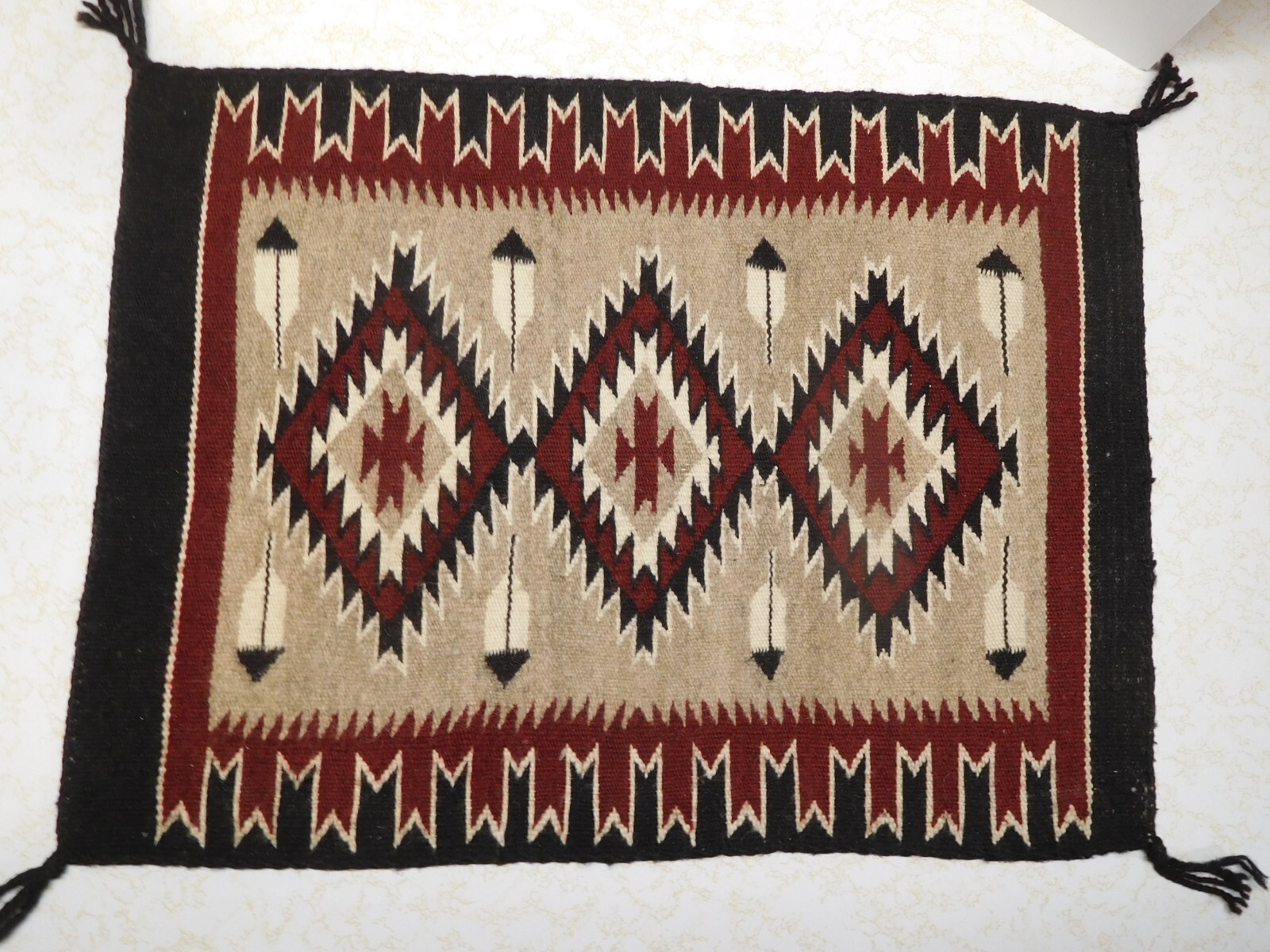 Vintage 1990\'s Black,Rust,Gray,Beige,White Navajo Eye Dazzler Rug/Blanket 22 x17