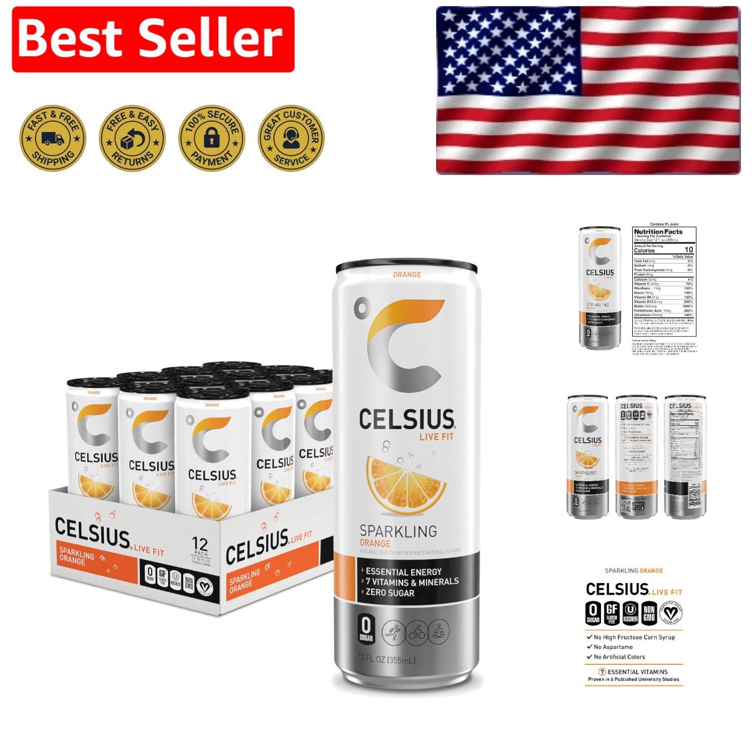 Delicious Sparkling Orange Energy Drink - 200mg Caffeine, Low Calorie, 12 Pack