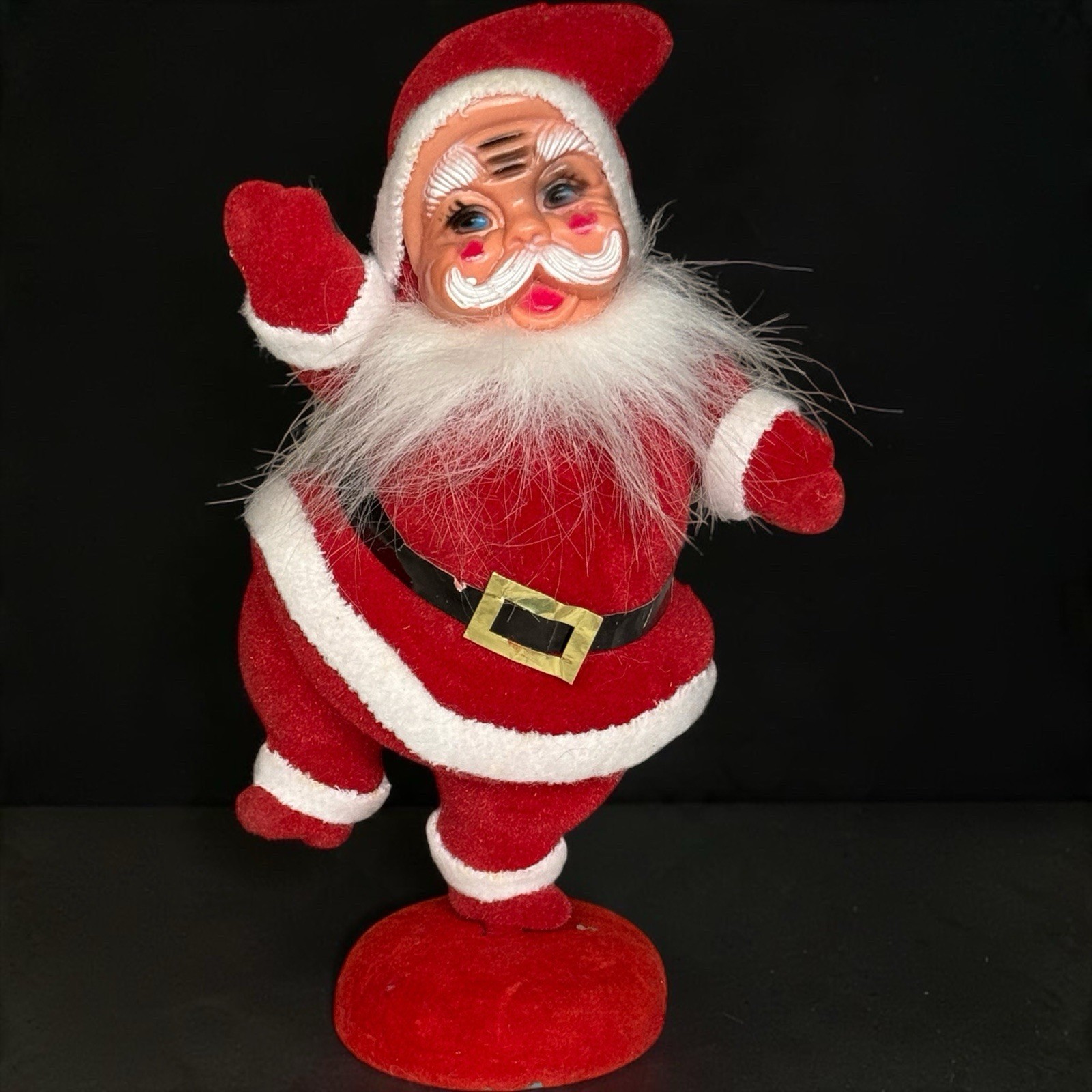 Vintage Flocked Dancing Santa Claus Figure 9” Mid Century Christmas Decoration