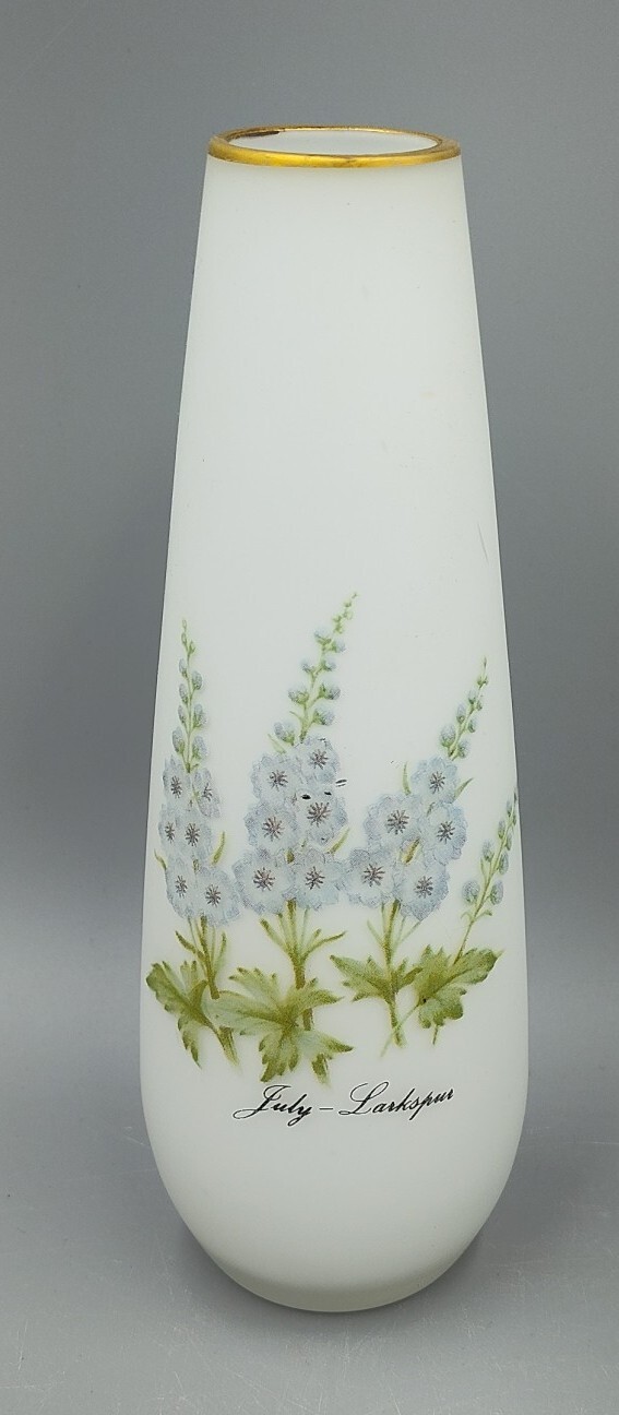 Vintage July Larkspur Flowers White Vase Gold Trim Made in Japan