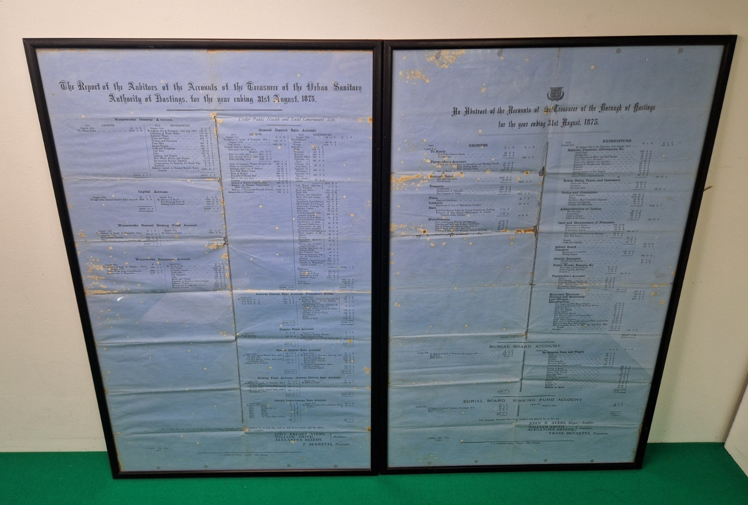 Pair of Large Framed Antique 1885 Borough of Hastings Accounts Ephemera
