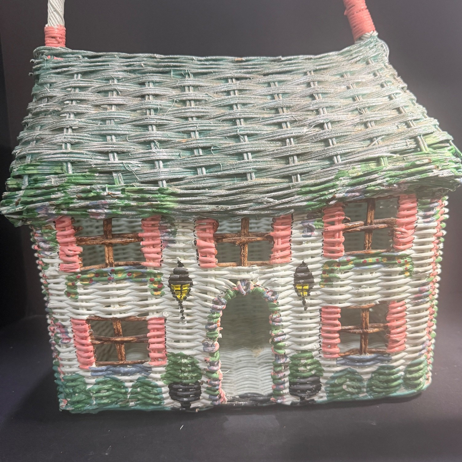VTG Hand Painted Wicker House Shape Timmy Woods 18”x12”x9” Storage/Easter Basket