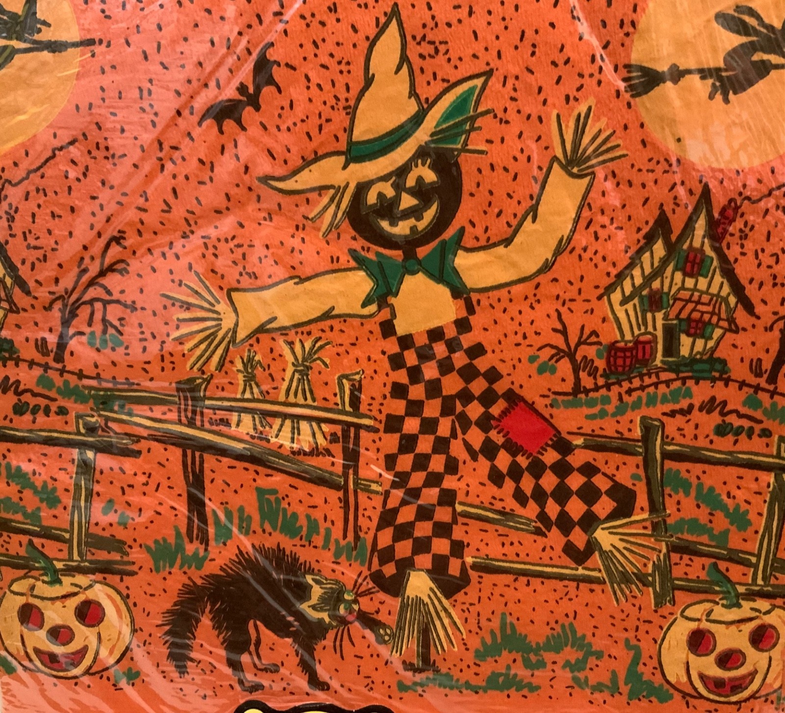 Vintage Handi-Set Halloween Paper Table Cover 1950s  Scarecrow Black Cat JOL