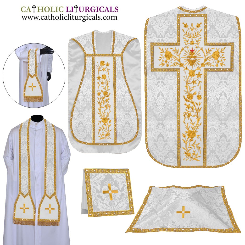 NEW White Roman Fiddleback Vestment- Sacred Heart of Jesus - Vintage Embroidery