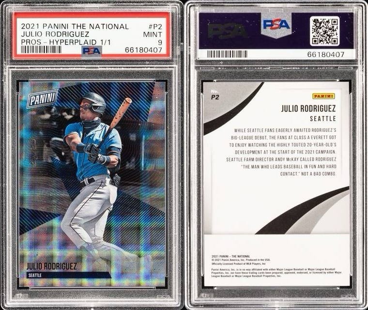 2021 PANINI THE NATIONAL PROSPECTS HYPERPLAID 1/1 #P2 JULIO RODRIGUEZ 1/1 PSA 9