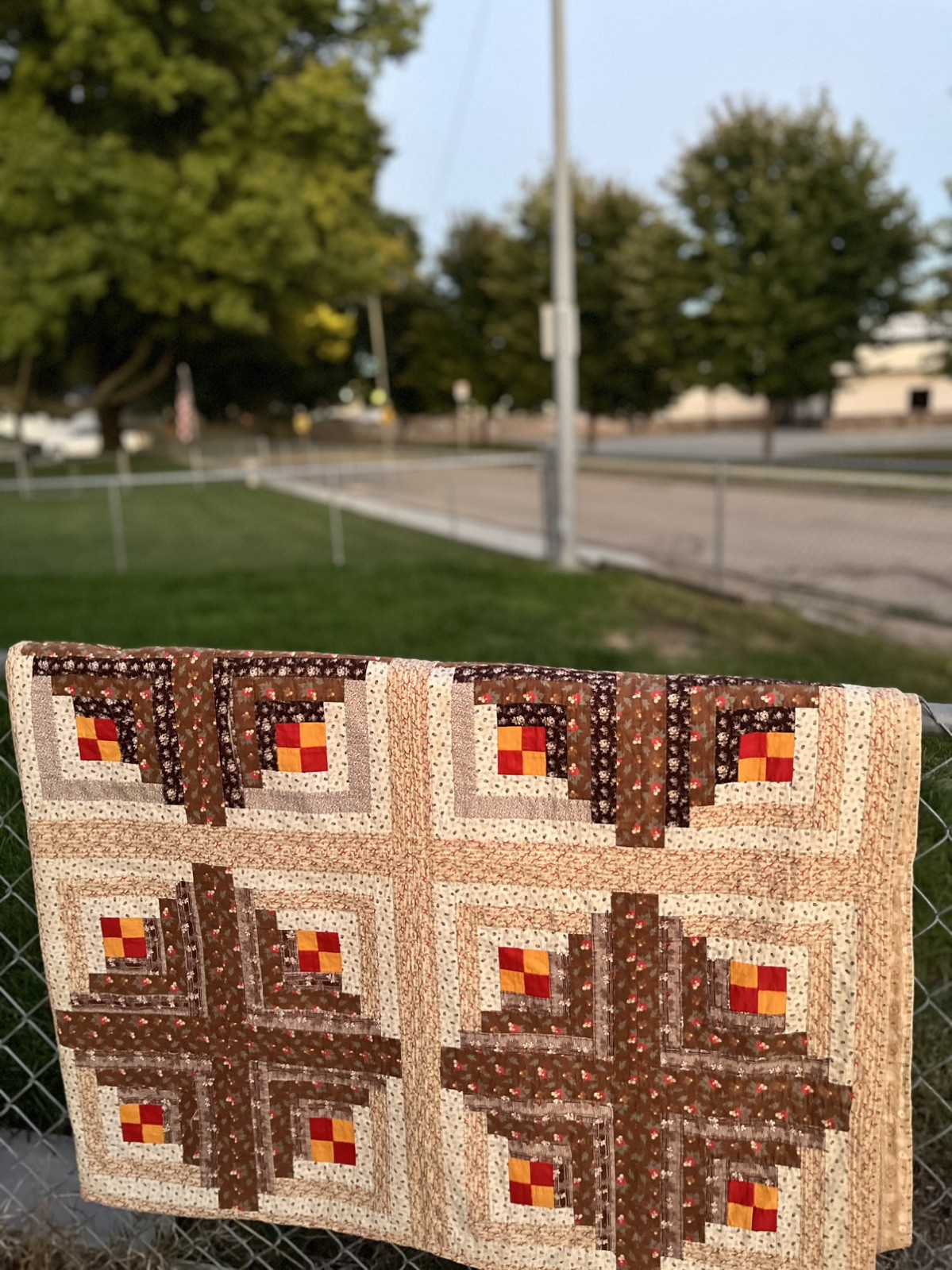 Antique Mid 19th c. Civil War Handmade Log Cabin Quilt Wonderful Brown Calicos