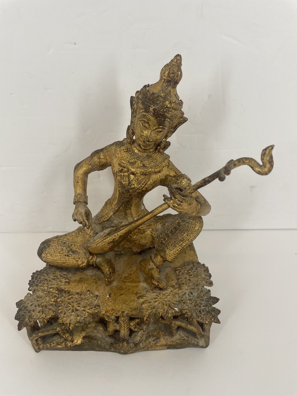 Antique Thai Bronze Kinnaree Apsara Musician Statue Playing Lute Phin Figurine