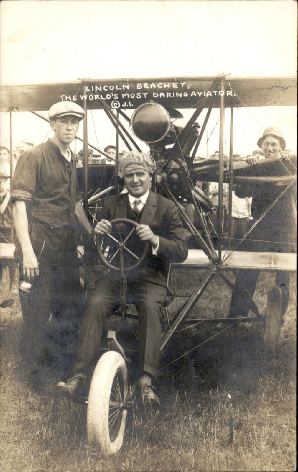 Lincoln Beachey biplane WORLD'S MOST DARING AVIATOR c1914 RPPC bhn