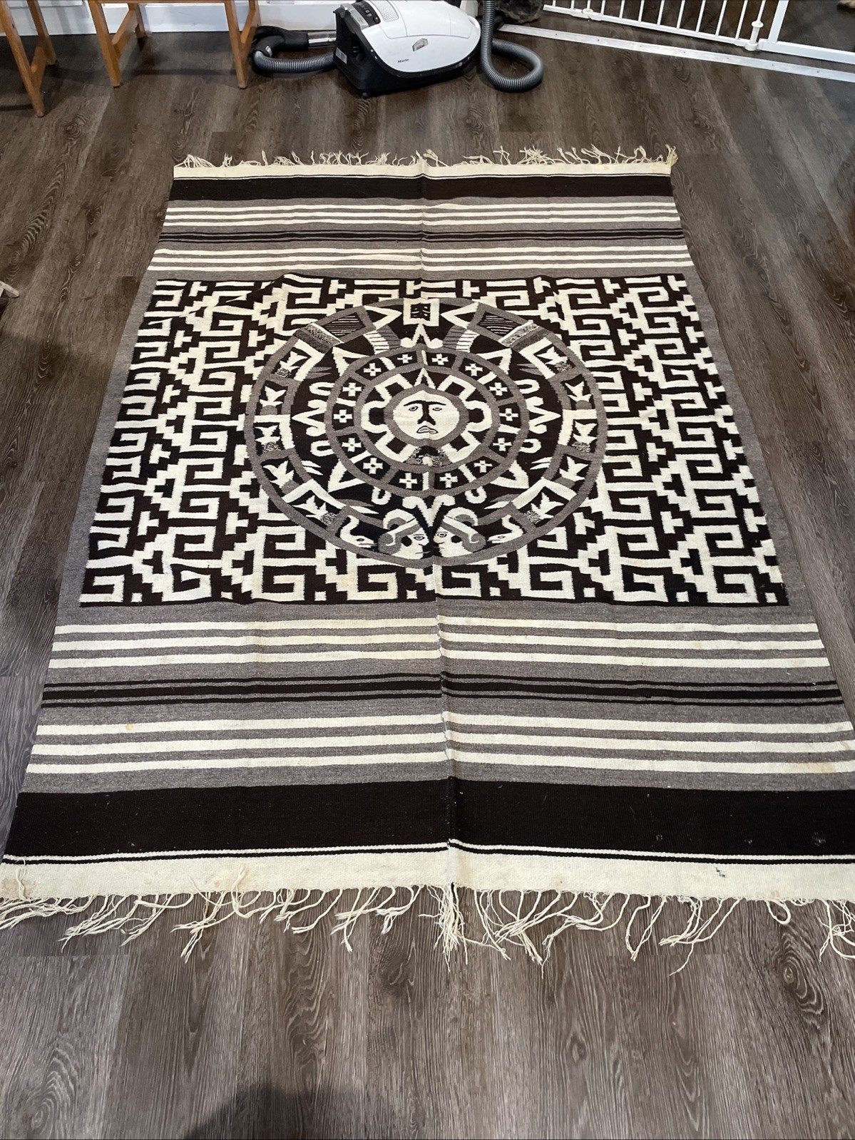 Vintage Hand Woven Aztec Warrior Native Rug / Wall Hanging Tapestry 1930s 40s