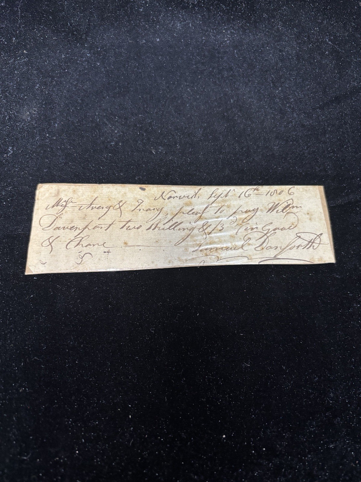 1806 handwritten order from Norwich, Connecticut Signed by Samuel Danforth