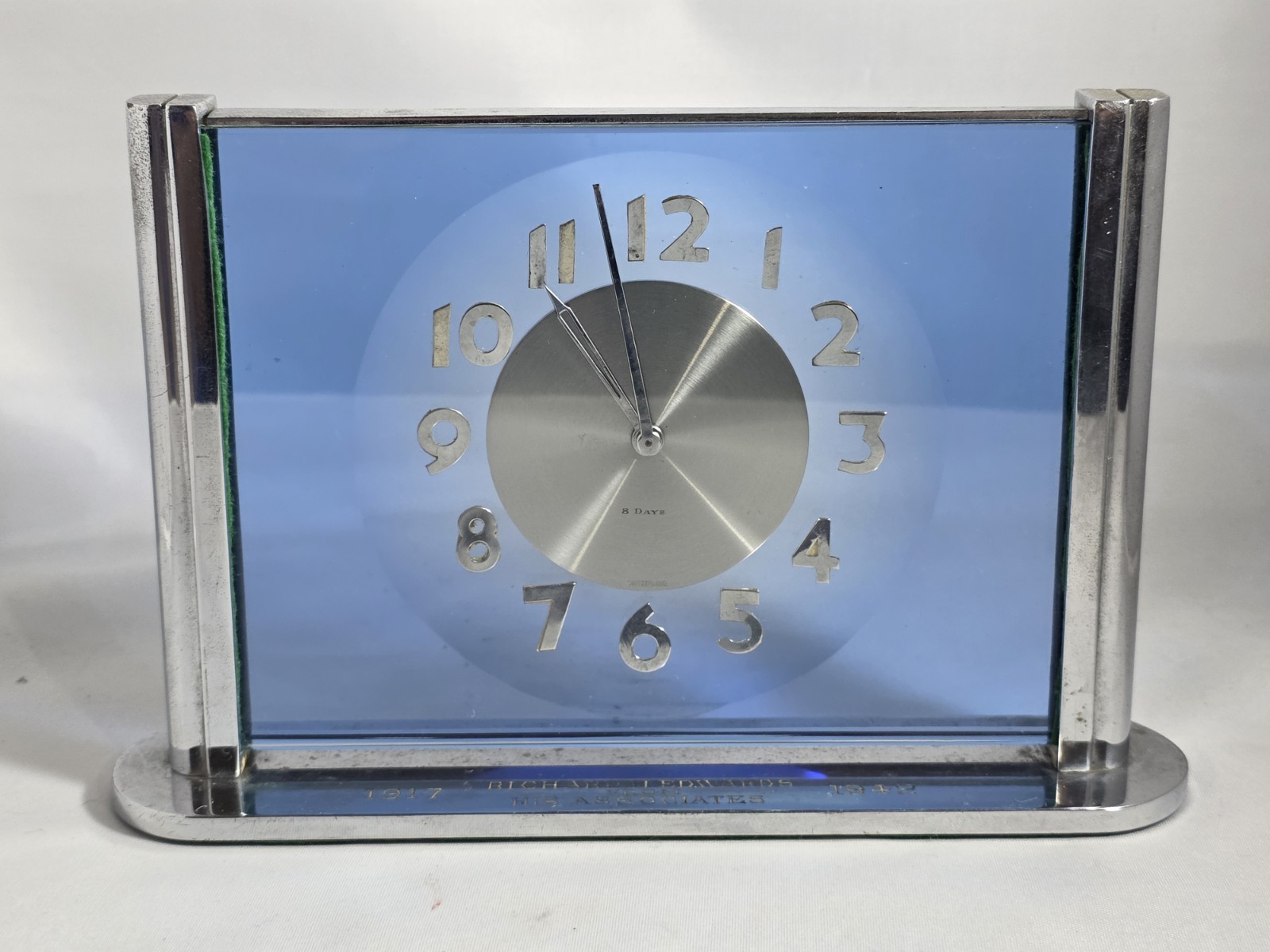 Vintage 1930s Art Deco 8 Day Mechanical Cobalt Blue Glass Desk Clock Not Working