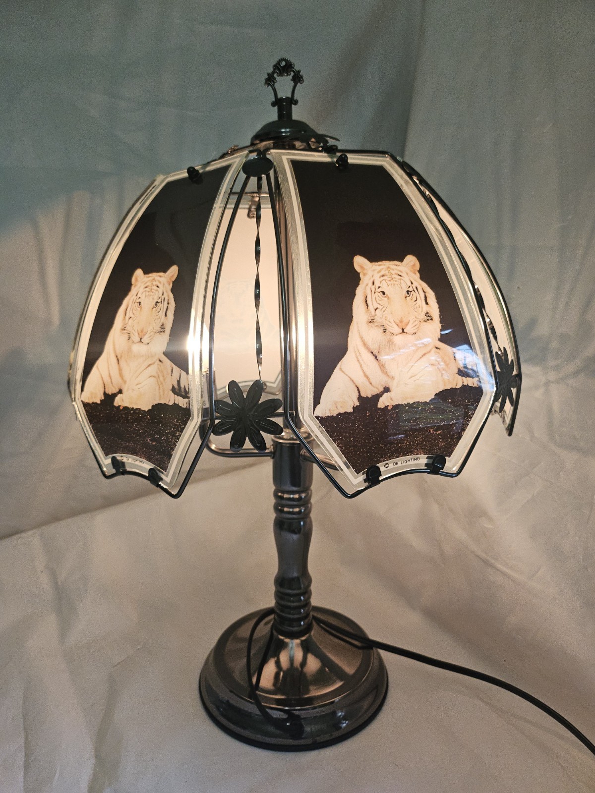 OK Lighting Siberian Tiger Silver Brass Glass Panel Vintage Touch Lamp Large 🔥