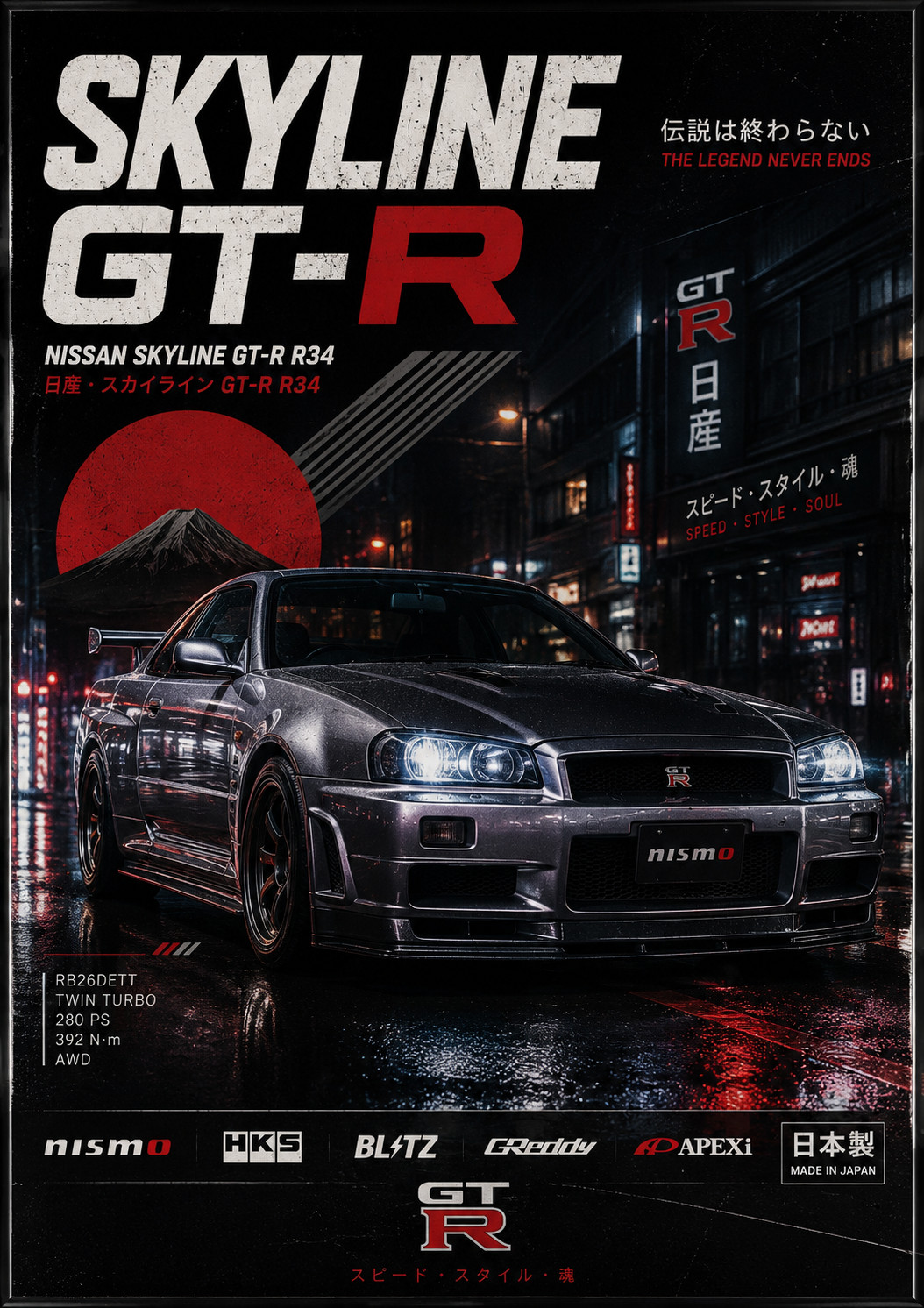 Nissan Skyline GT-R R34 JDM Racing Poster 13x19 Premium Matte Print