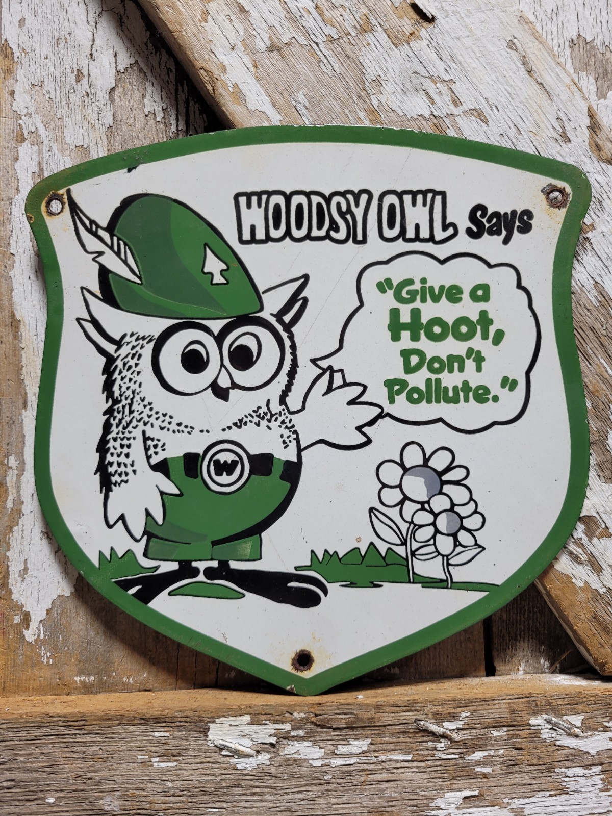 VINTAGE WOODSY OWL PORCELAIN SIGN OLD FOREST SERVICE PARK SMOKEY DONT POLLUTE
