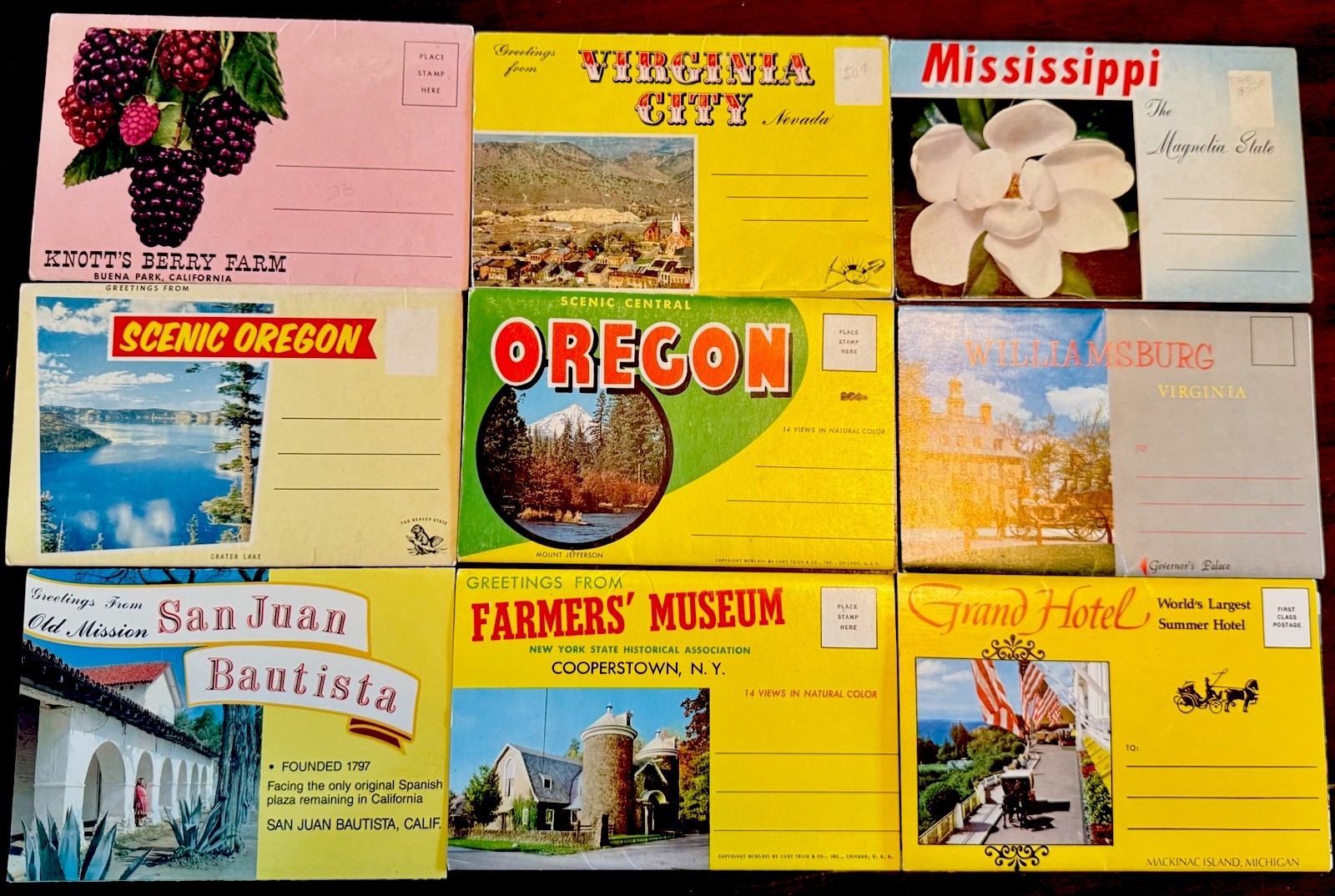 Lot of 9 Vintage Souvenir Postcard Folders 1940s/50s Chrome Unposted HTF Obscure