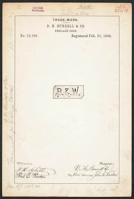 Photo:Little Falls NY D H Burrell B W Ensilage Corn Trademark 1888