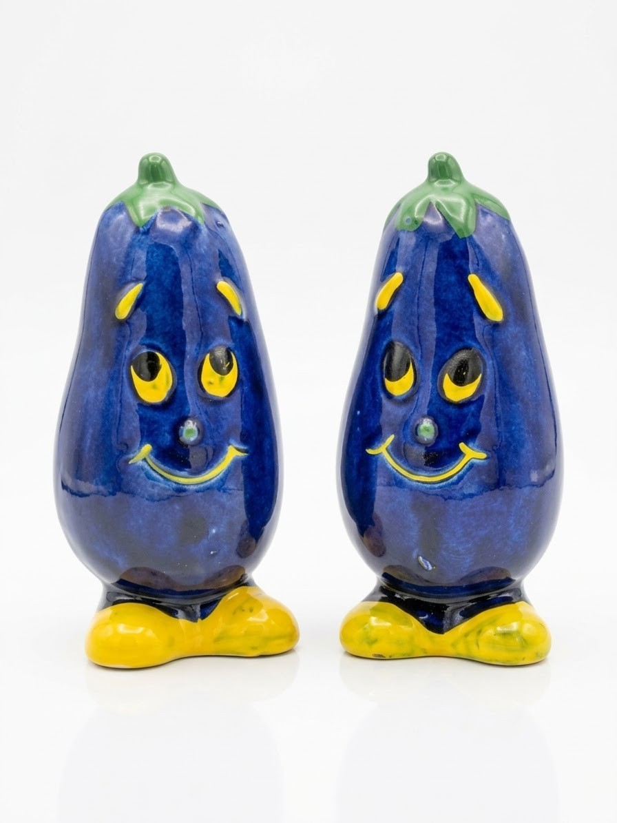 Anthropomorphic Eggplant Salt and Pepper Shakers Vintage Japan Ceramic Novelty