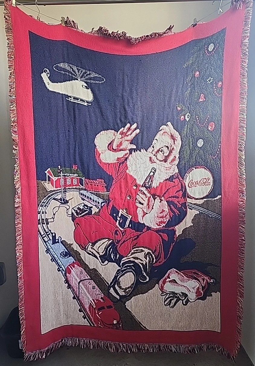 Vtg 1993 Coca Cola Company Santa Drinking Coke Fringed Throw Blanket 46” x 66”