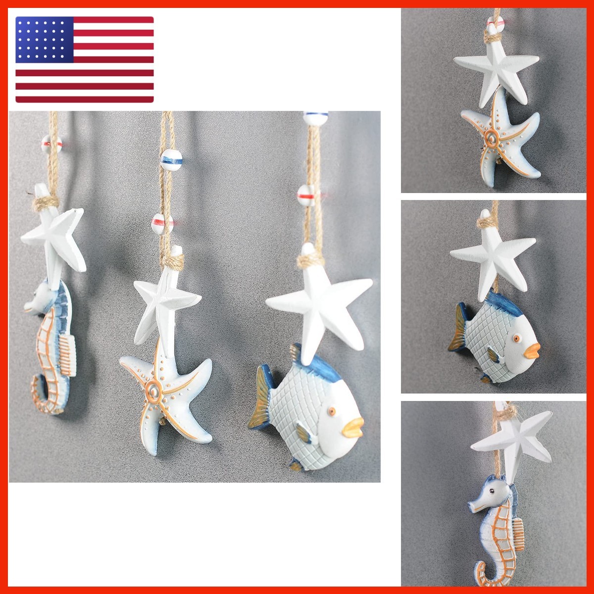 OECECR 3Pcs Wooden Seahorse/Star/Fish Wall Hanging Decor, Farmhouse Rustic