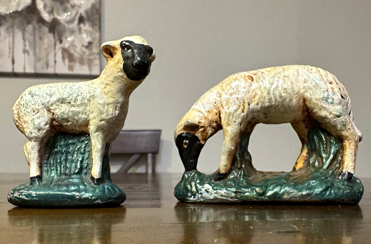 Vintage 1930s-50s Chalkware Black face Sheep Figurine Pair Grazing Lamb Putz