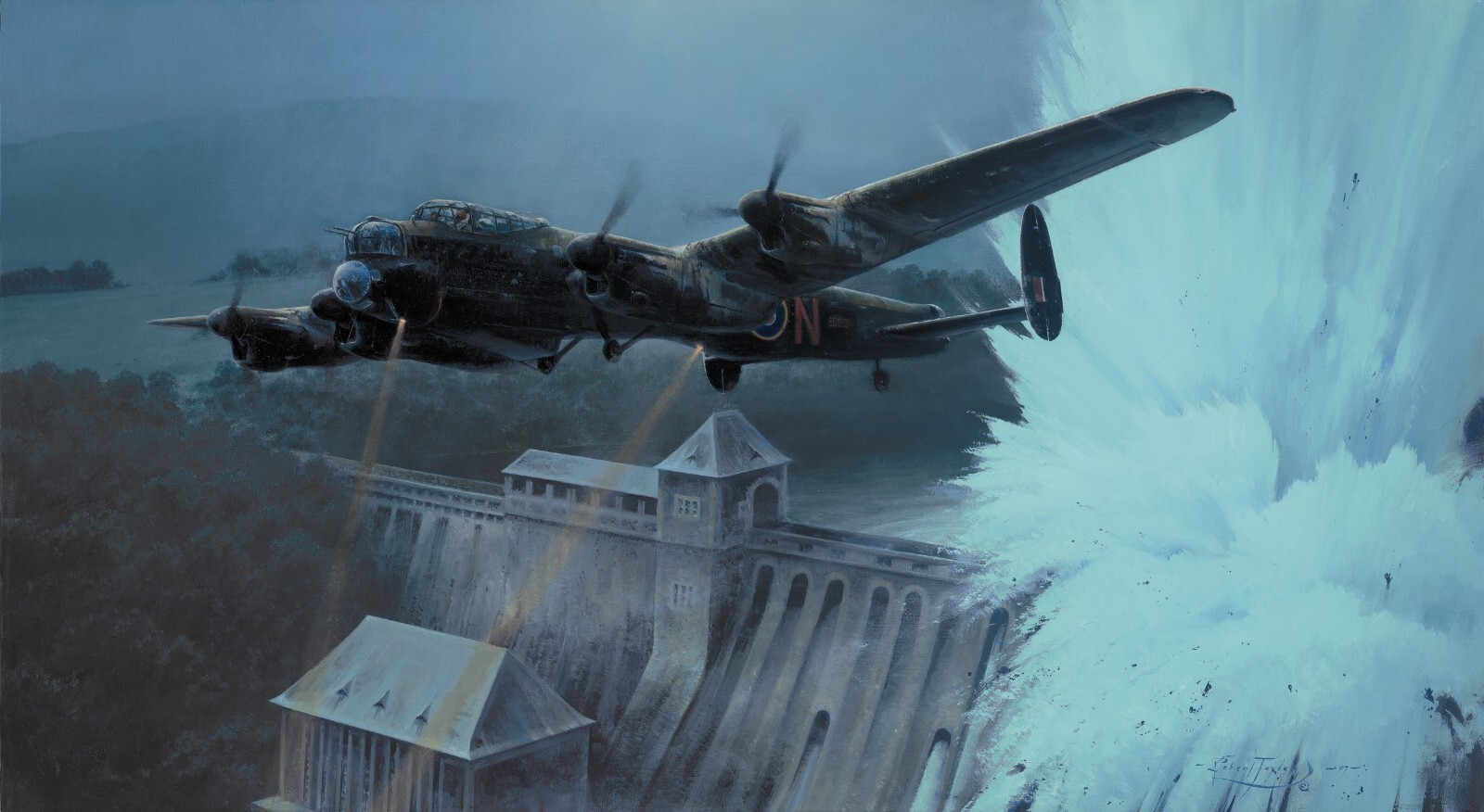 Dambusters, Breaching the Eder Dam by Robert Taylor art signed by two Dambusters