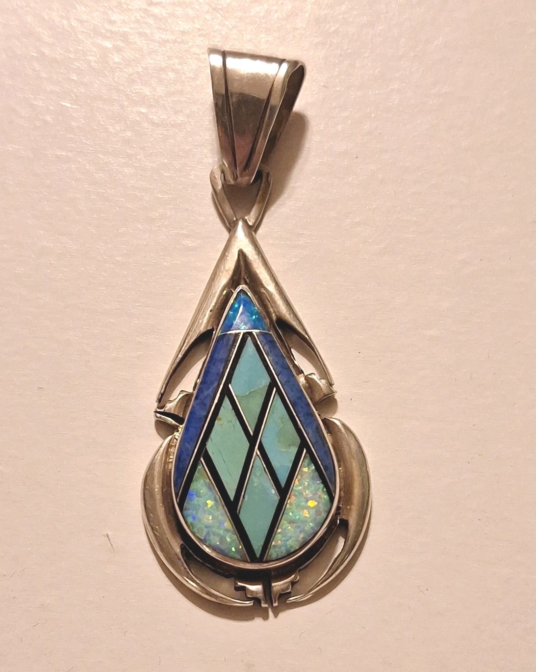 Vintage Navajo P Sanchez Sterling Silver Inlay Pendant Turquoise Lapis Zuli Opal