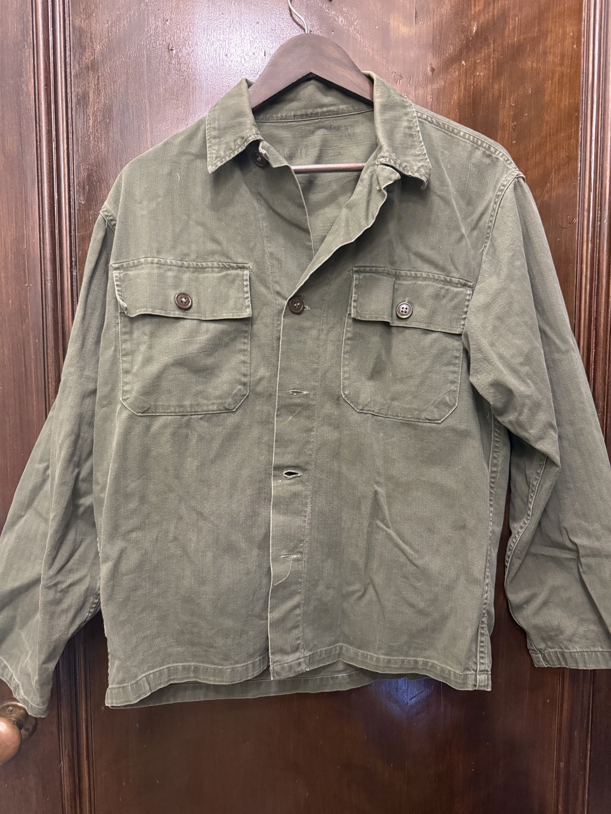 Vintage 1940s 1950s US Army HBT Utility Shirt Jacket Olive Herringbone Cotton